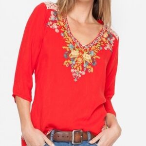 Johnny Was Mary Ann Embroidered Floral Red Semi Sheer Women's Top Size Small